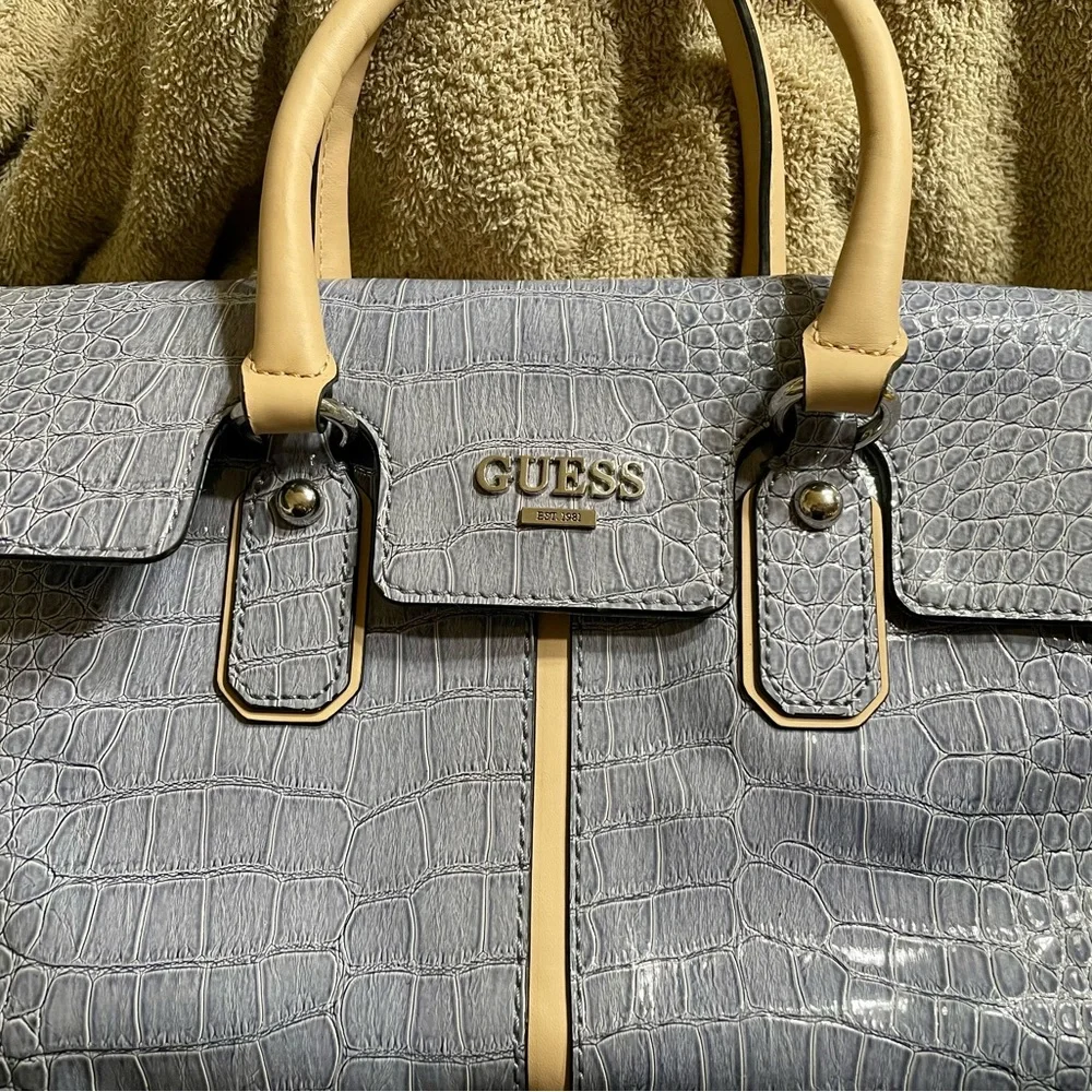 GUESS Croc-Embossed Satchel in Blue and Cream - Picture 2 of 4